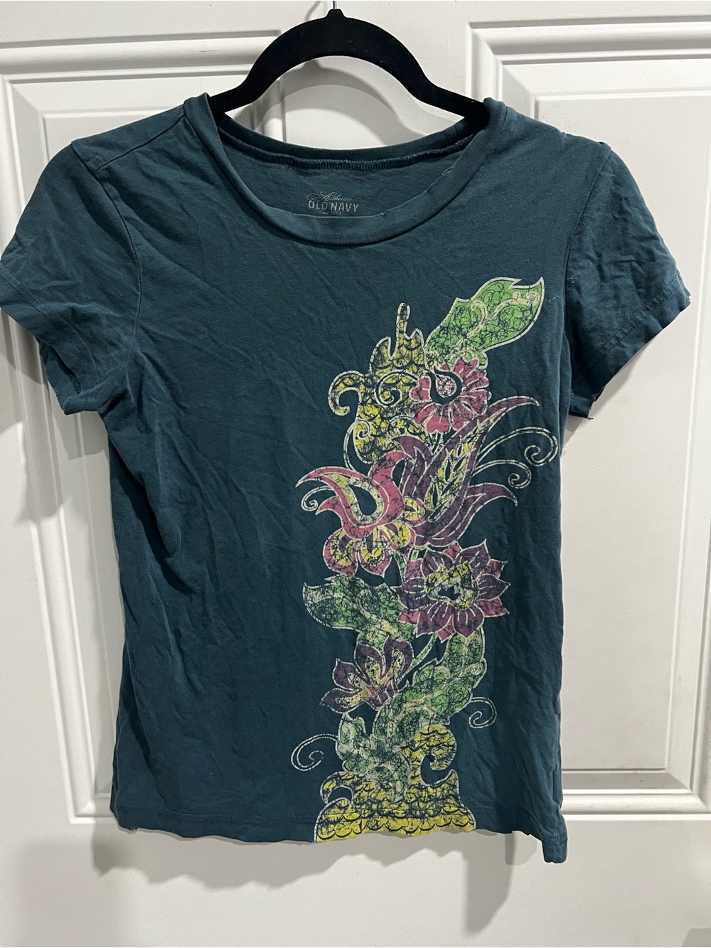 Old Navy Dark Teal Short-Sleeve Tee with Floral Panel